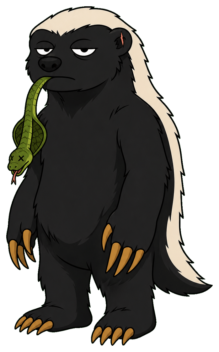 Deadpan $HOBA honey badger mascot holding a dead cobra in his mouth.